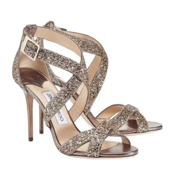 Jimmy Choo Lottie Antique Gold Glitter Heels Strappy Sandals Size 38.5 - Picture 1 of 13